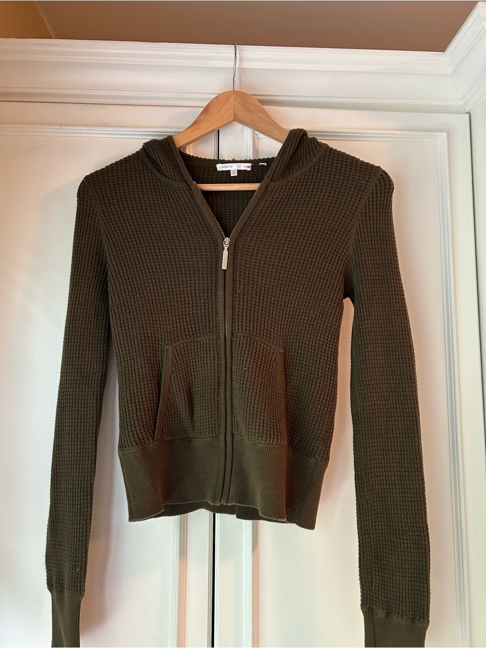 Vince Olive Green Waffle Knit Zip Hoodie